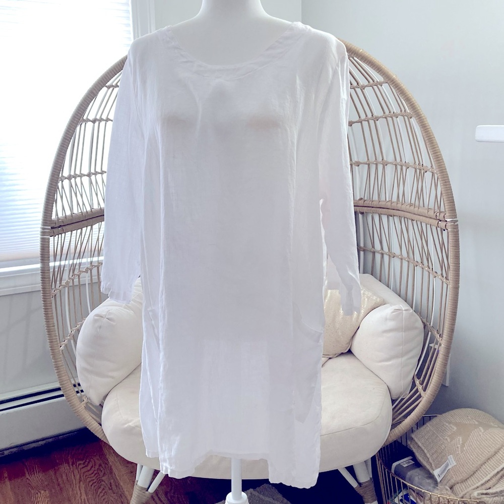 Match Point White Linen Tunic Dress XL Coastal Lagenlook Resort Beach Minimalist